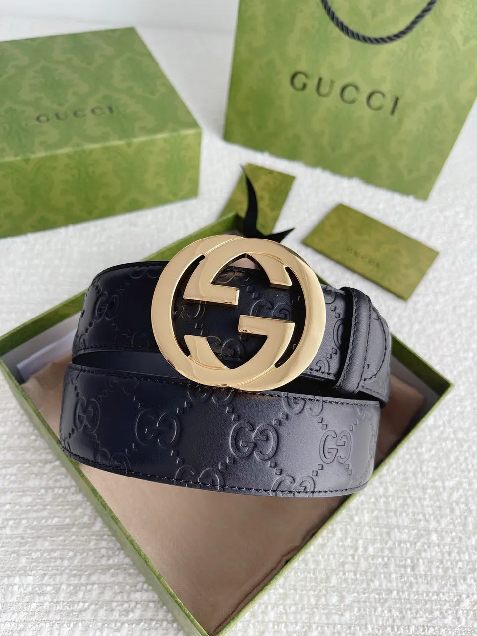 gold Gucci Black Embossed Belt - Hình 9