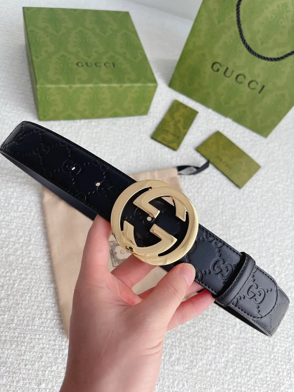 gold Gucci Black Embossed Belt - Hình 8