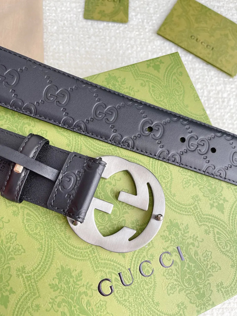 Gucci Black Leather Belt interlocking - Hình 3