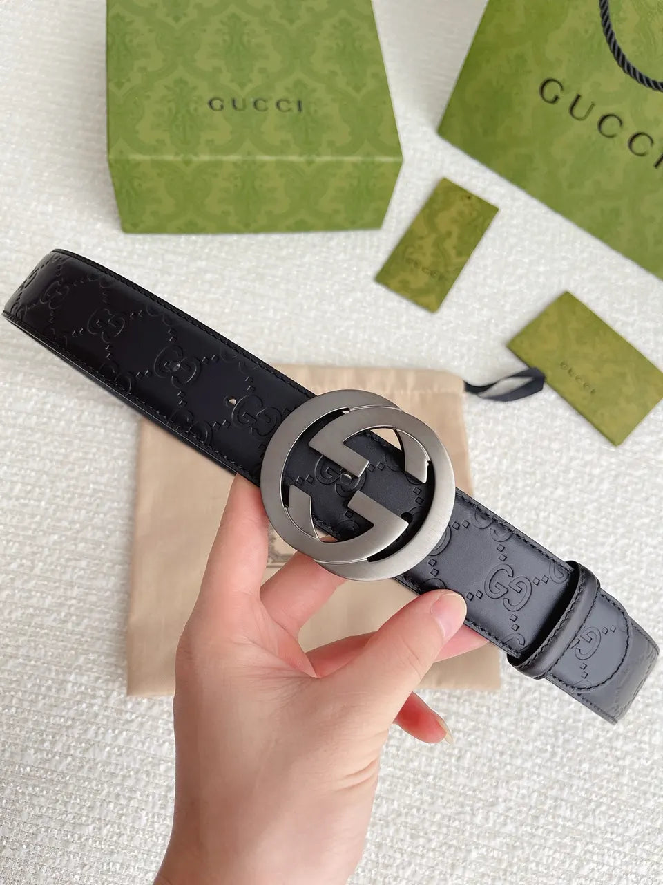Gucci Black Leather Belt interlocking - Hình 8