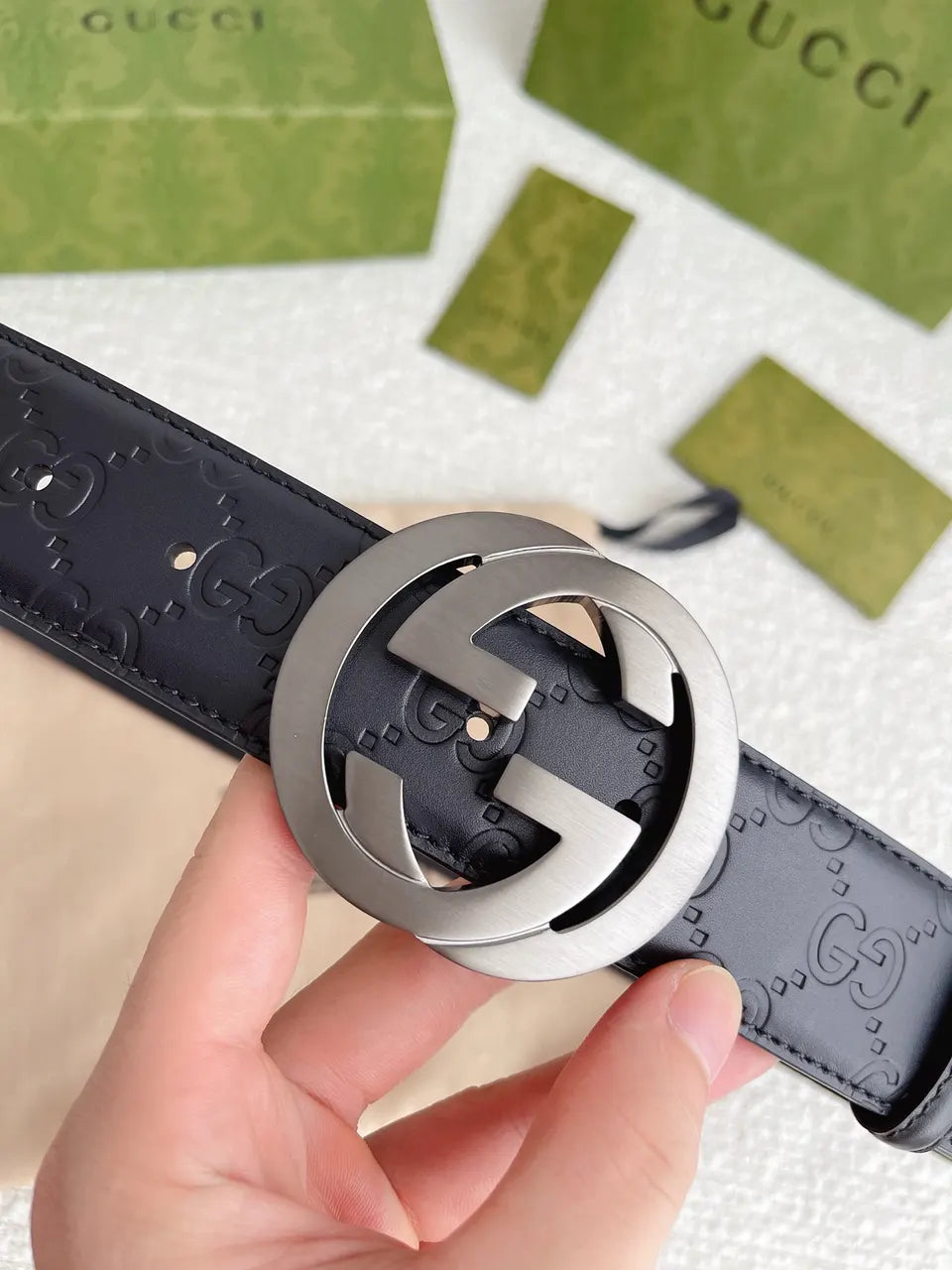 Gucci Black Leather Belt interlocking - Hình 7