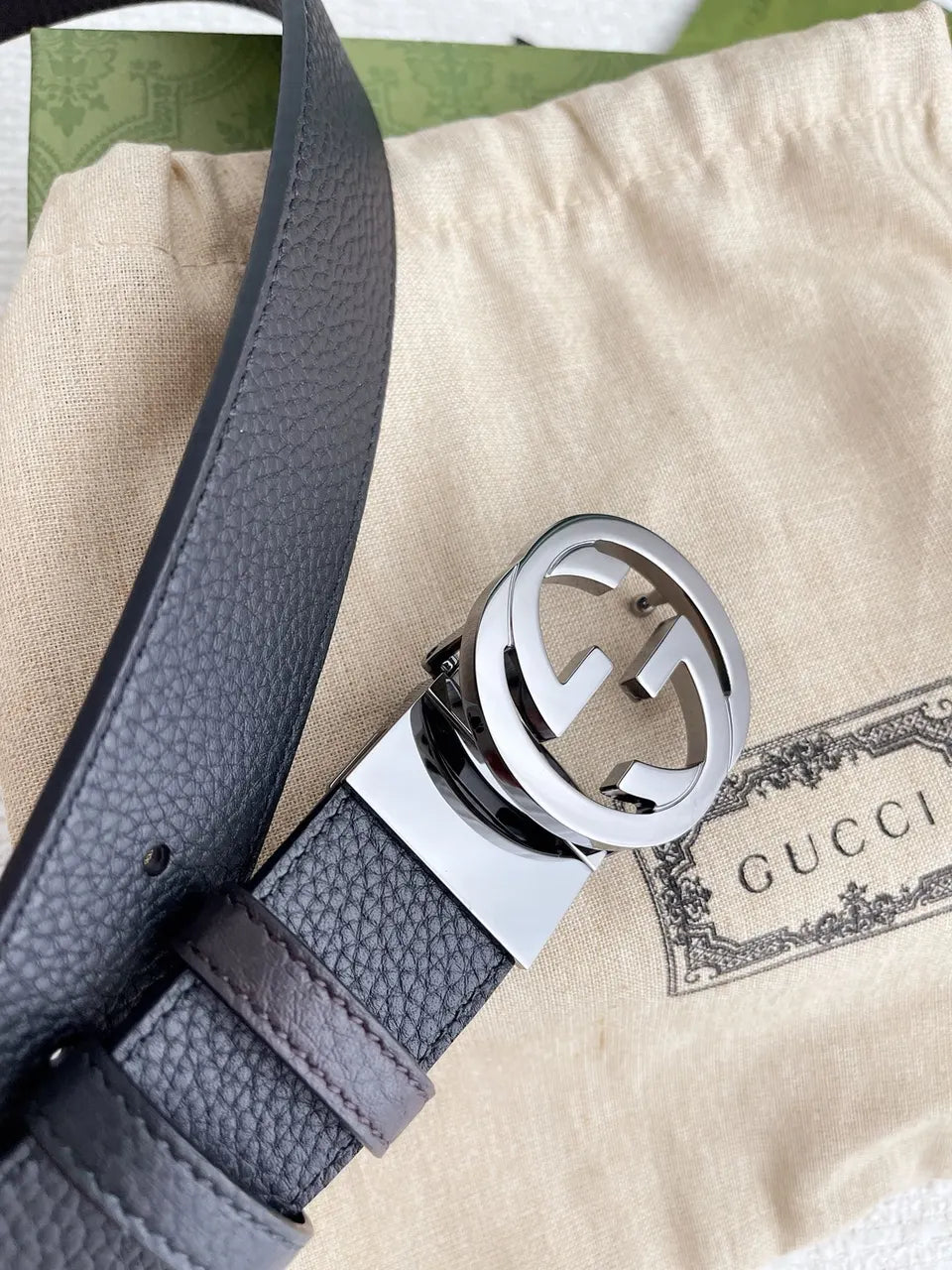 Gucci Black Leather Belt silver interlocking - Hình 5