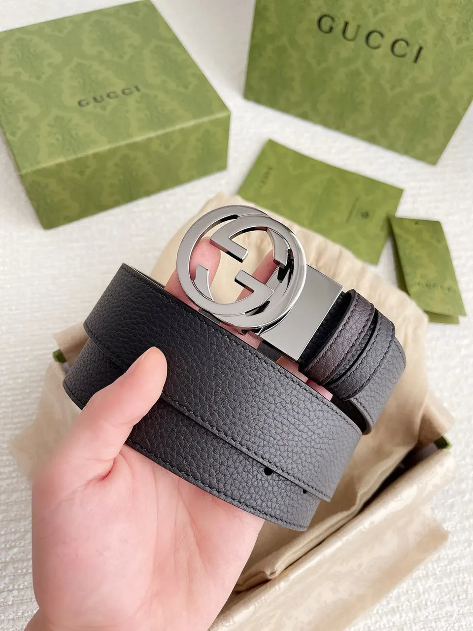 Gucci Black Leather Belt silver interlocking - Hình 9