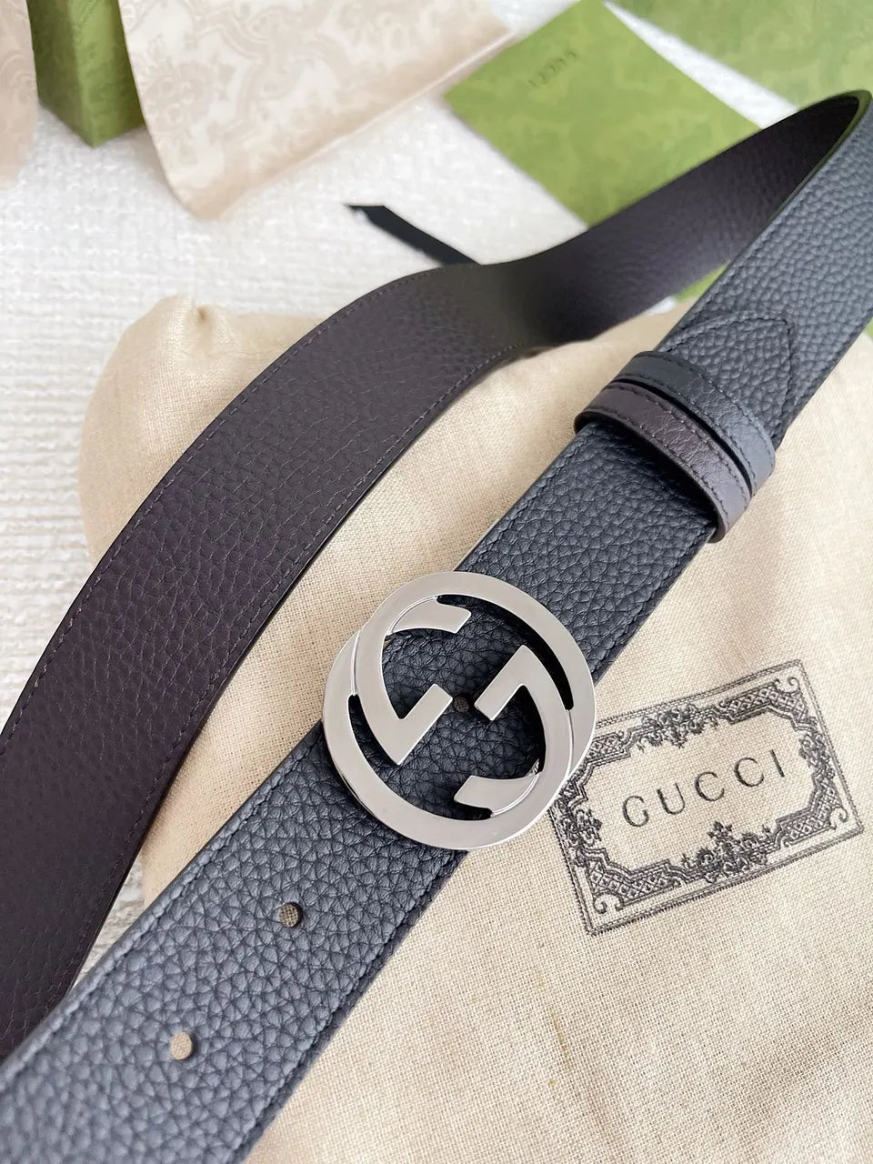Gucci Black Leather Belt silver interlocking - Hình 2