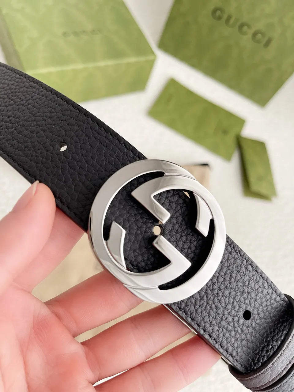 Gucci Black Leather Belt silver interlocking - Hình 7