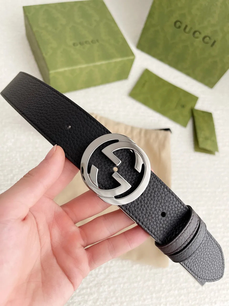 Gucci Black Leather Belt silver interlocking - Hình 8