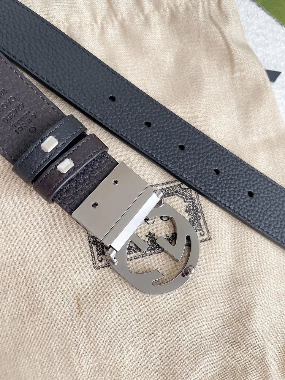 Gucci Black Leather Belt silver interlocking - Hình 4