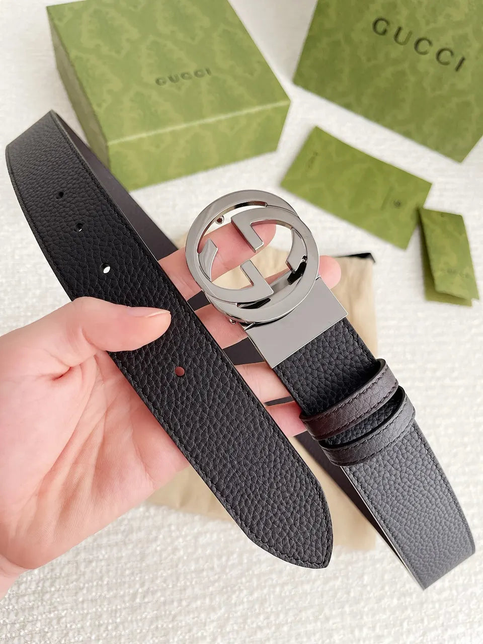 Gucci Black Leather Belt silver interlocking - Hình 6