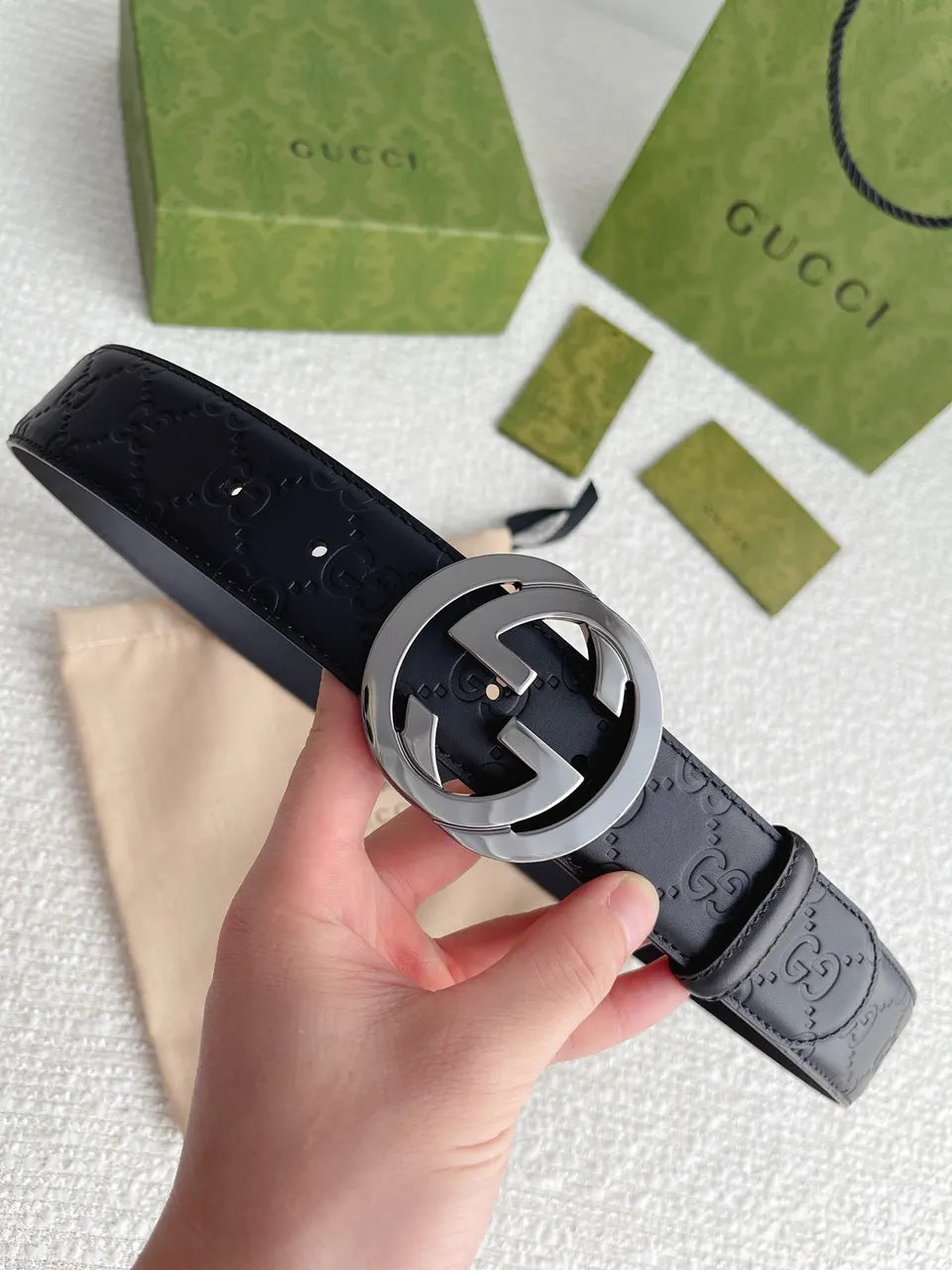 Gucci Black Leather Gunmetal Belt - Hình 7