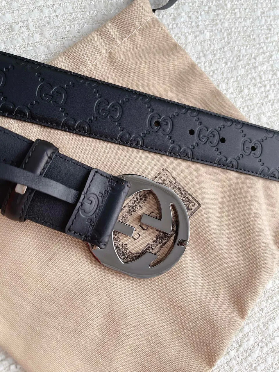 Gucci Black Leather Gunmetal Belt - Hình 4