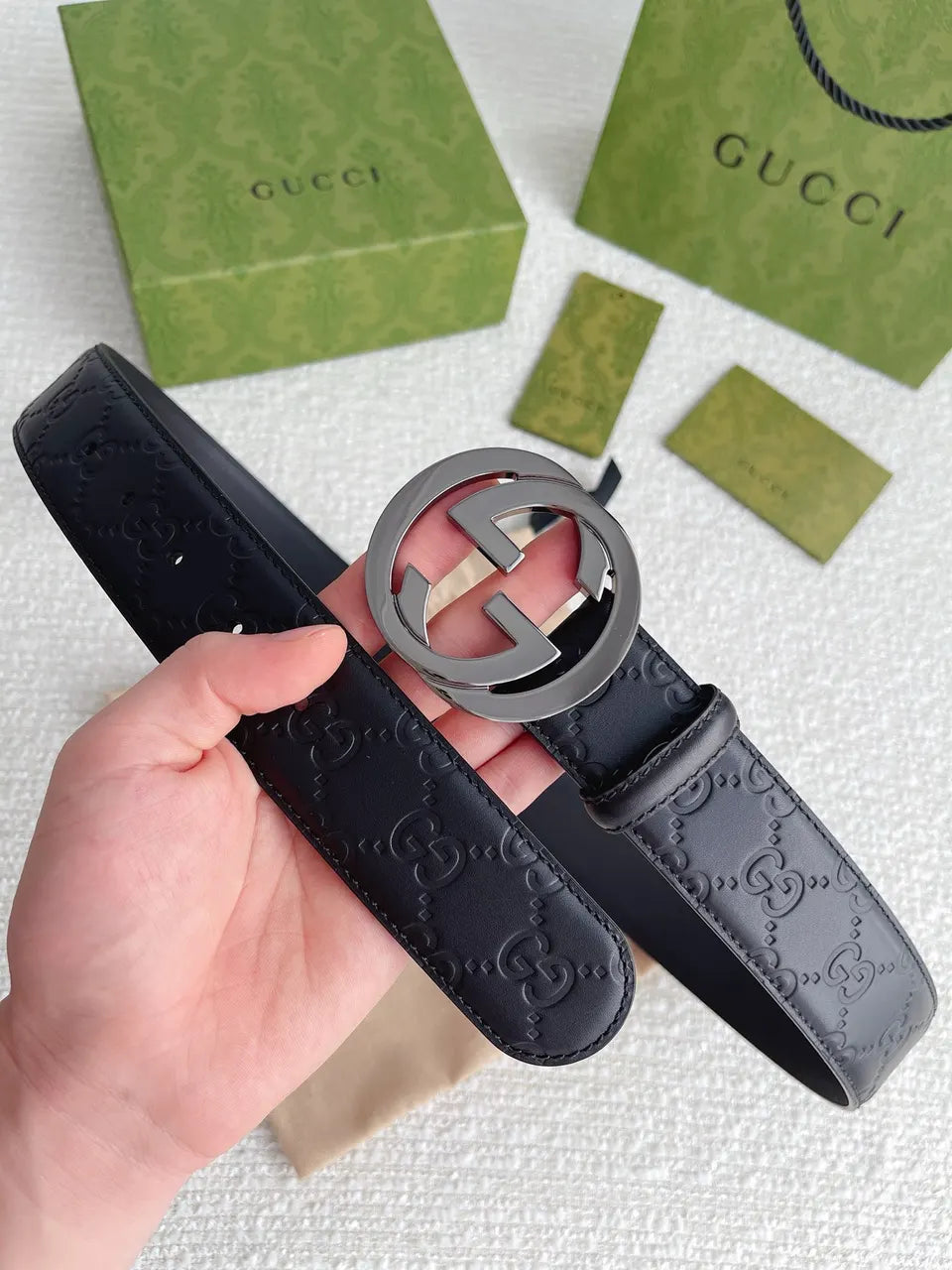 Gucci Black Leather Gunmetal Belt - Hình 5