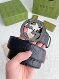 Gucci Black Leather Gunmetal Belt