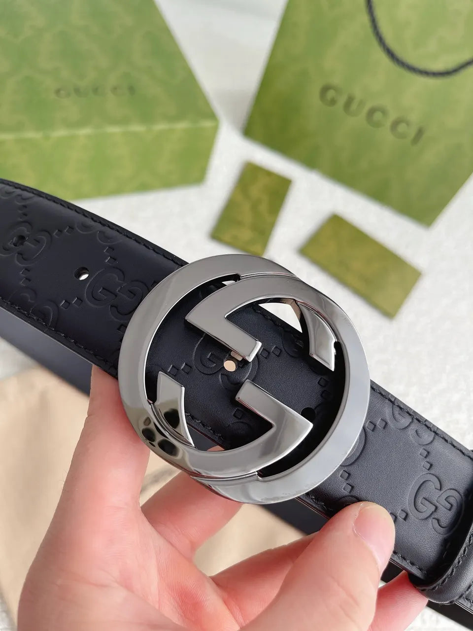 Gucci Black Leather Gunmetal Belt - Hình 6