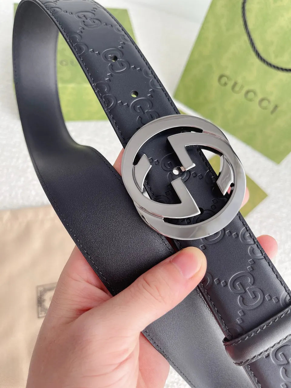 Gucci Black Leather Gunmetal Belt - Hình 2