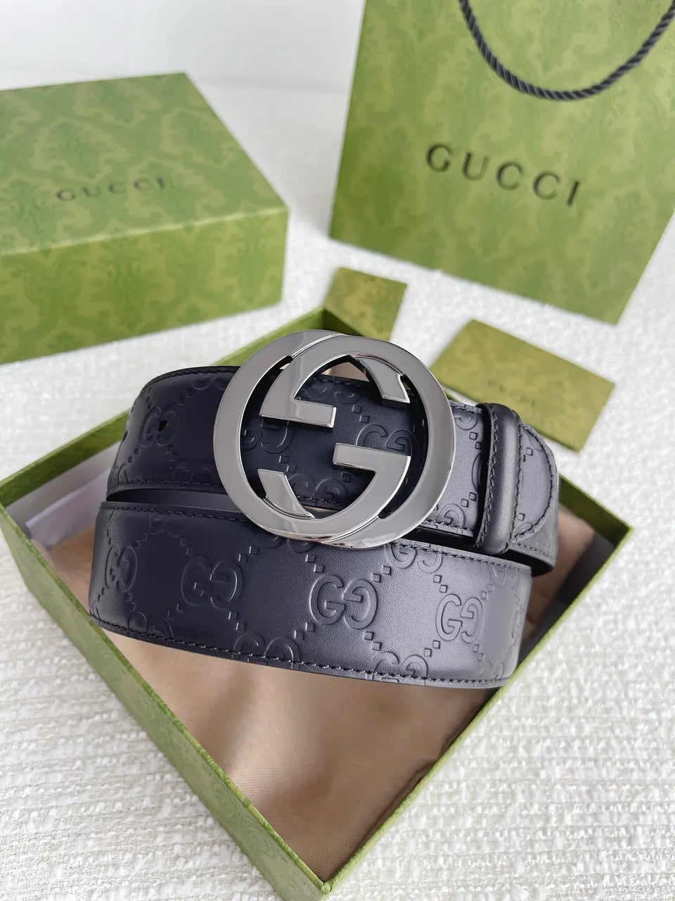 Gucci Black Leather Gunmetal Belt - Hình 8