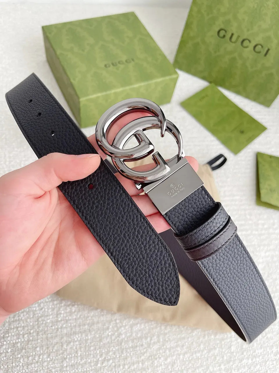 interlocking Gucci Black Leather Belt Silver - Hình 6