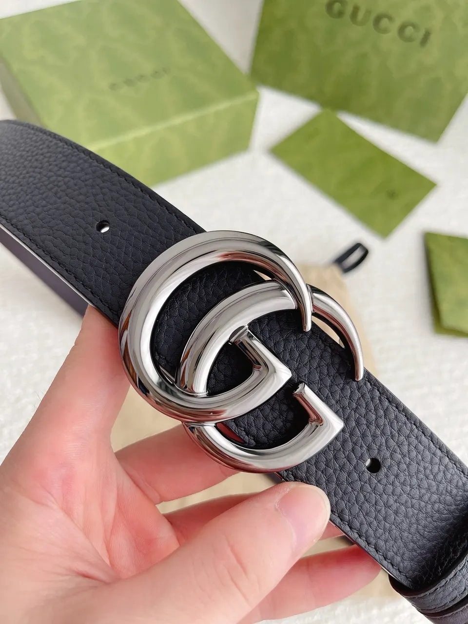 interlocking Gucci Black Leather Belt Silver - Hình 7