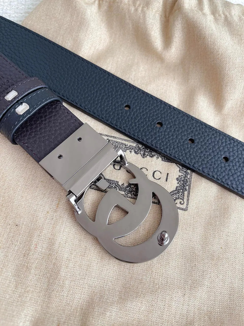 interlocking Gucci Black Leather Belt Silver - Hình 4