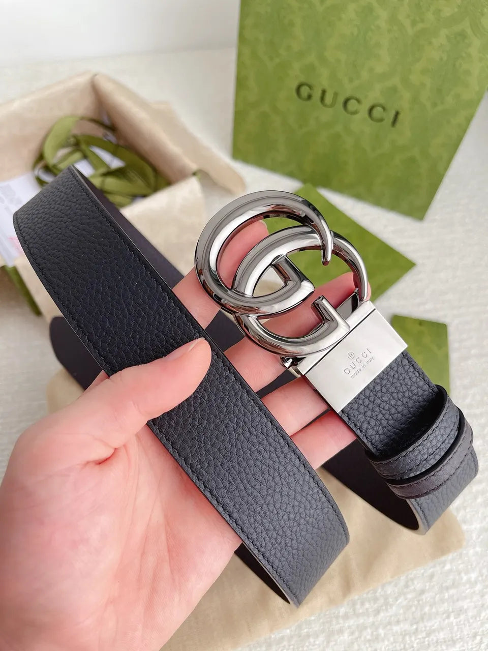 interlocking Gucci Black Leather Belt Silver