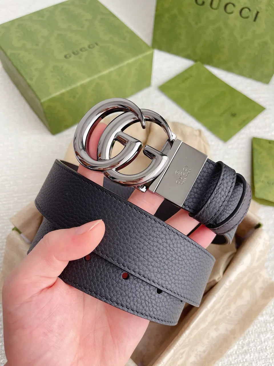 interlocking Gucci Black Leather Belt Silver - Hình 9