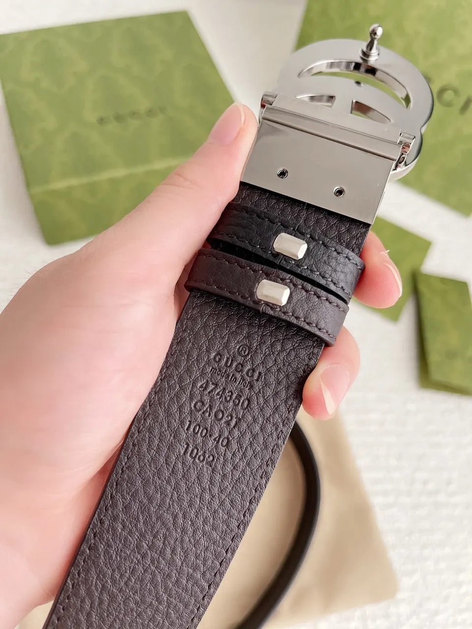 interlocking Gucci Black Leather Belt Silver - Hình 3