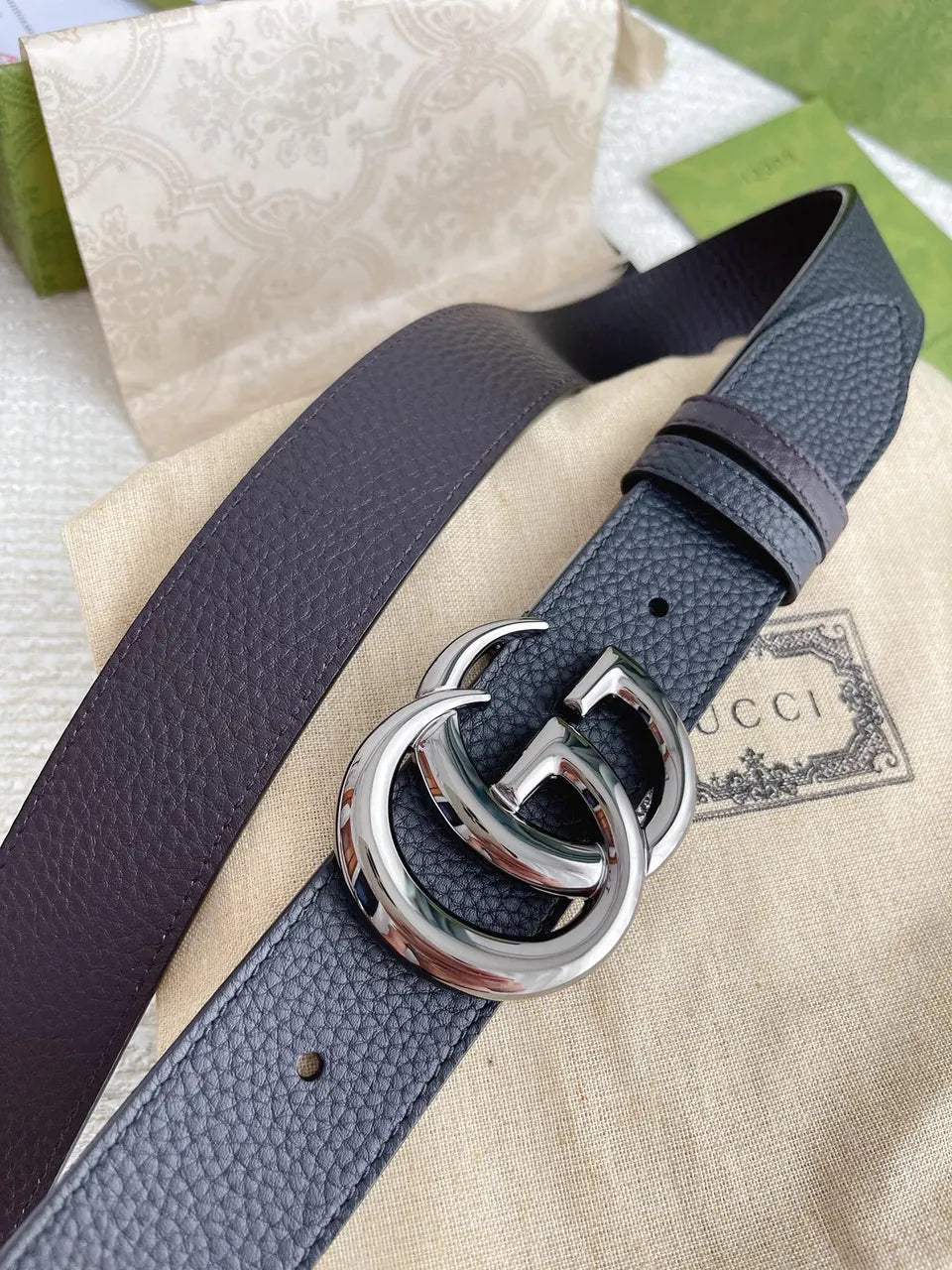 interlocking Gucci Black Leather Belt Silver - Hình 2