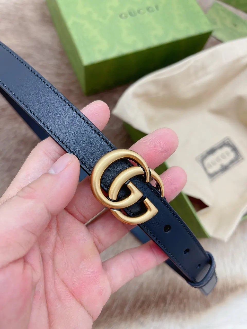 Gucci Black Leather Belt gg - Hình 7