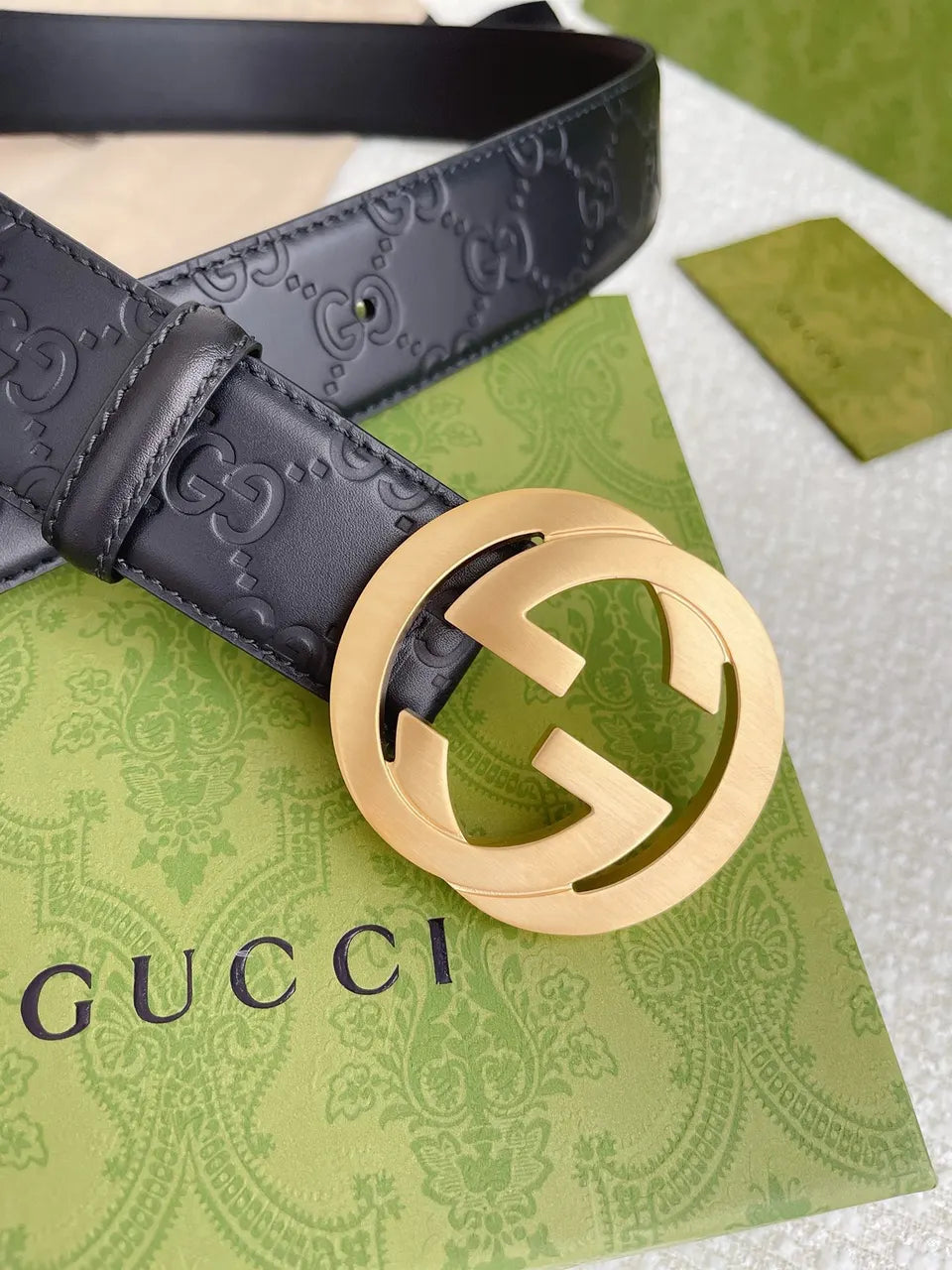 golden Gucci Black Embossed Belt - Hình 6