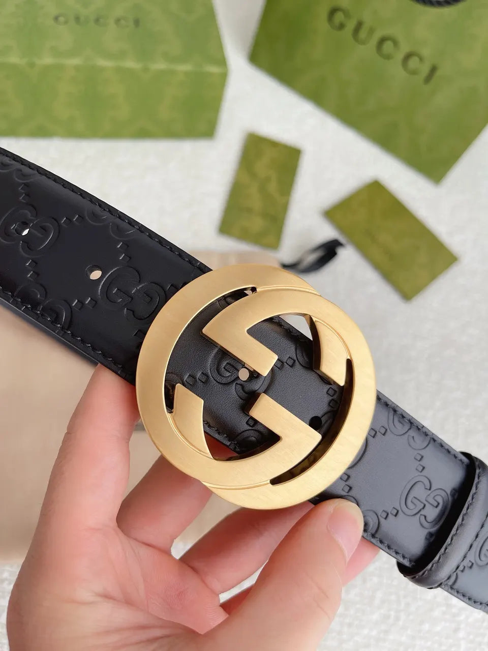 golden Gucci Black Embossed Belt - Hình 12