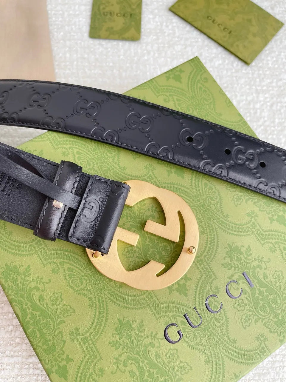 golden Gucci Black Embossed Belt - Hình 7
