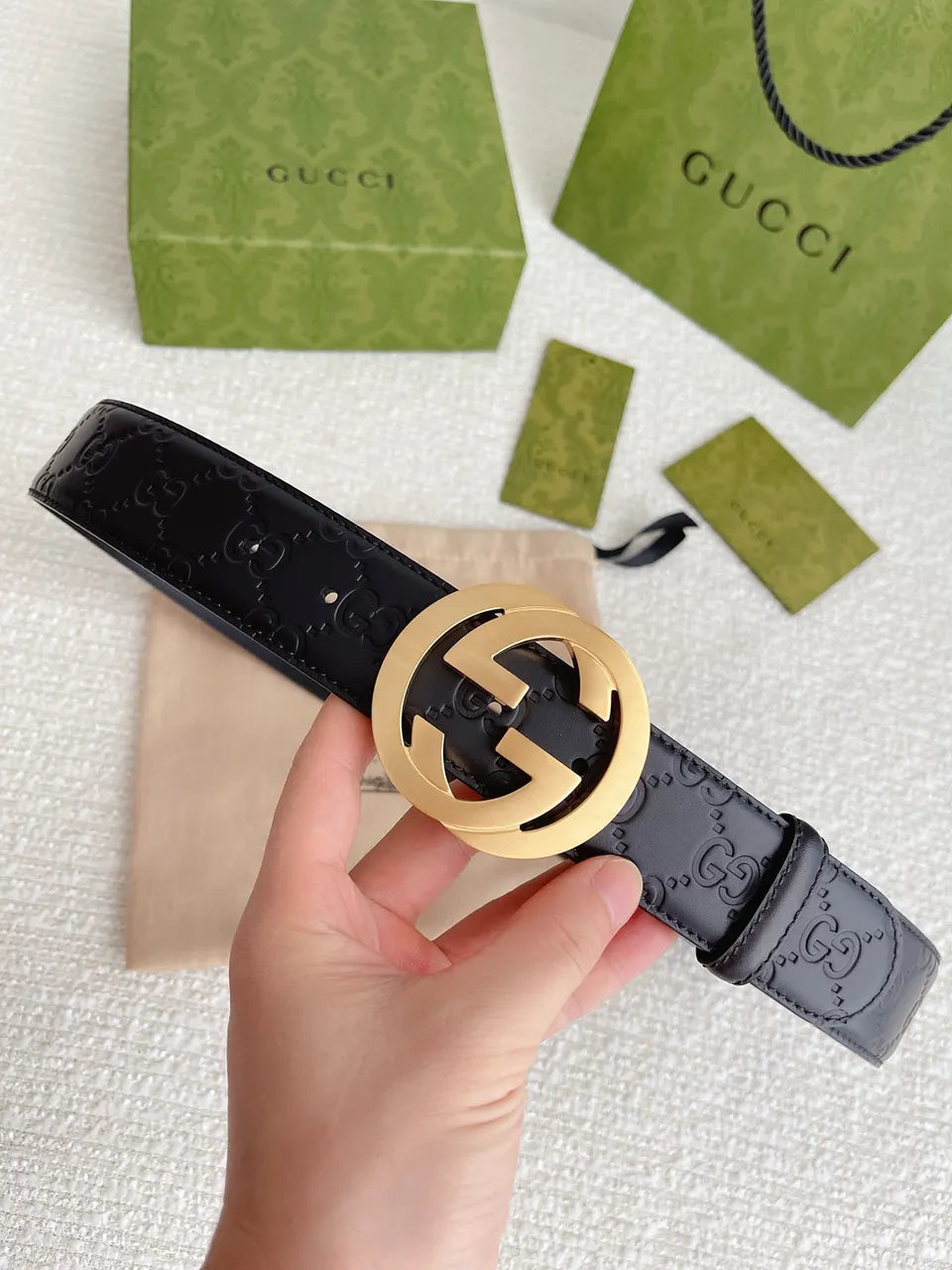 golden Gucci Black Embossed Belt - Hình 17