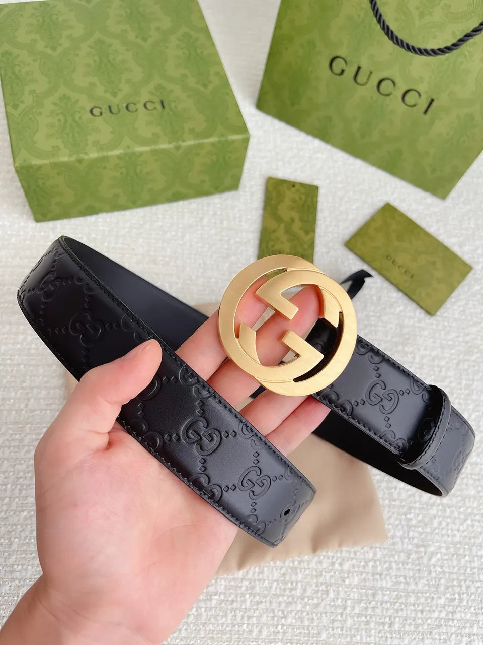 golden Gucci Black Embossed Belt - Hình 14