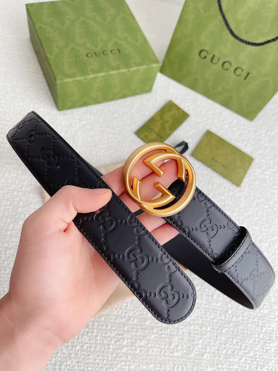 Gucci Black Leather Belt golden - Hình 4