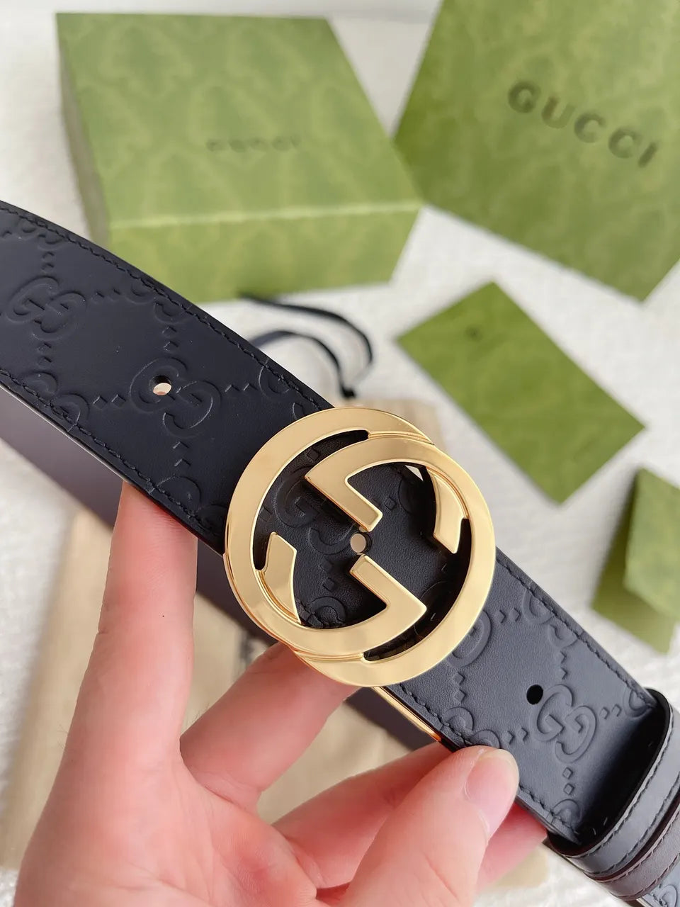 Gucci Navy GG Embossed Belt - Hình 7
