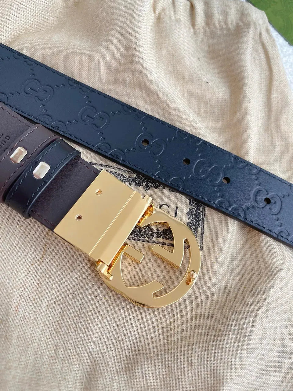 Gucci Navy GG Embossed Belt - Hình 4