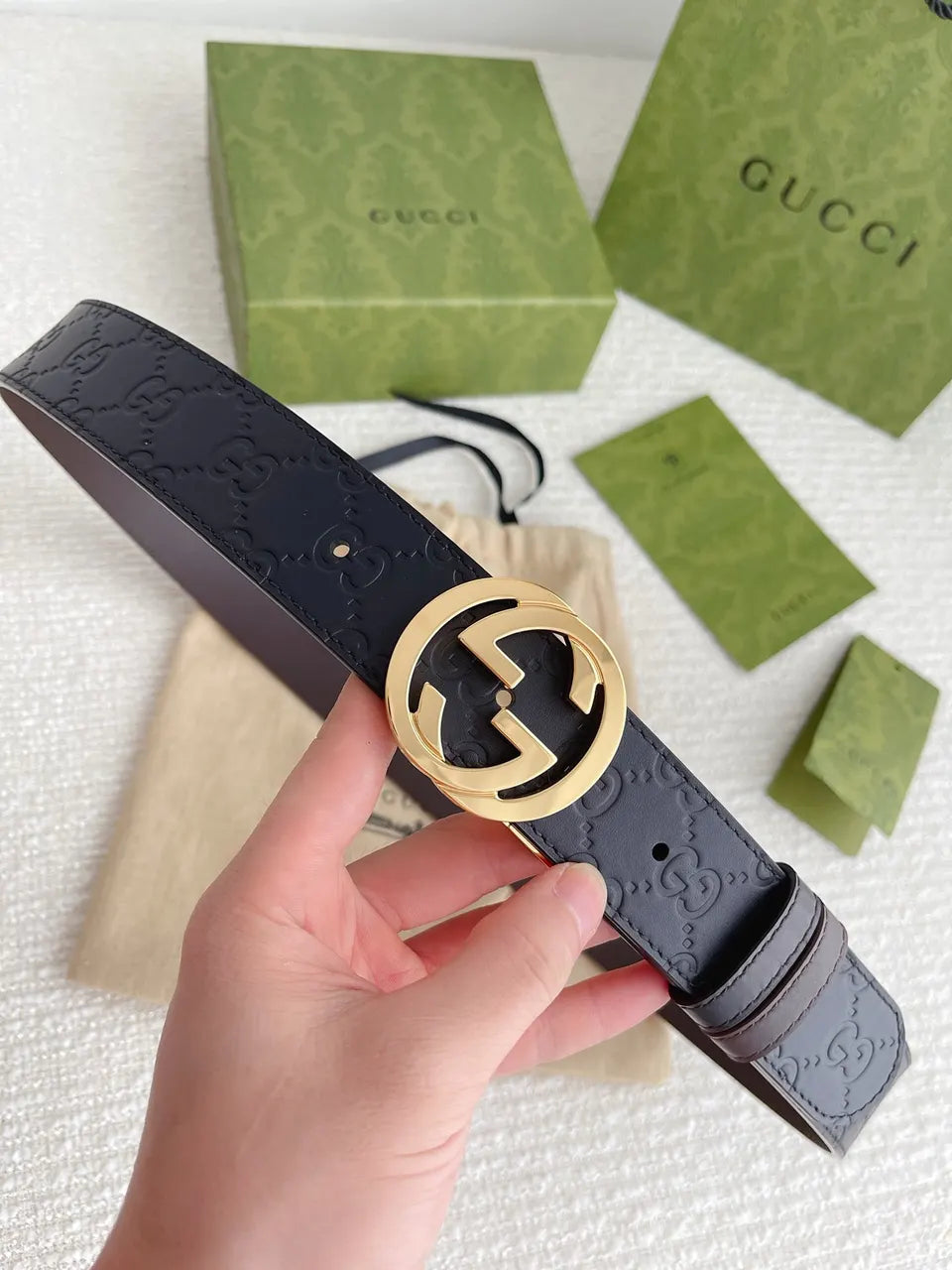 Gucci Navy GG Embossed Belt - Hình 8