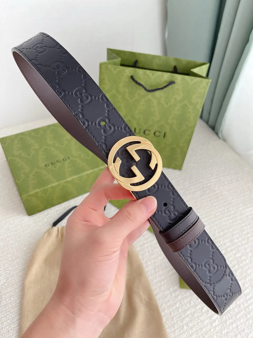 Gucci Navy GG Embossed Belt - Hình 2
