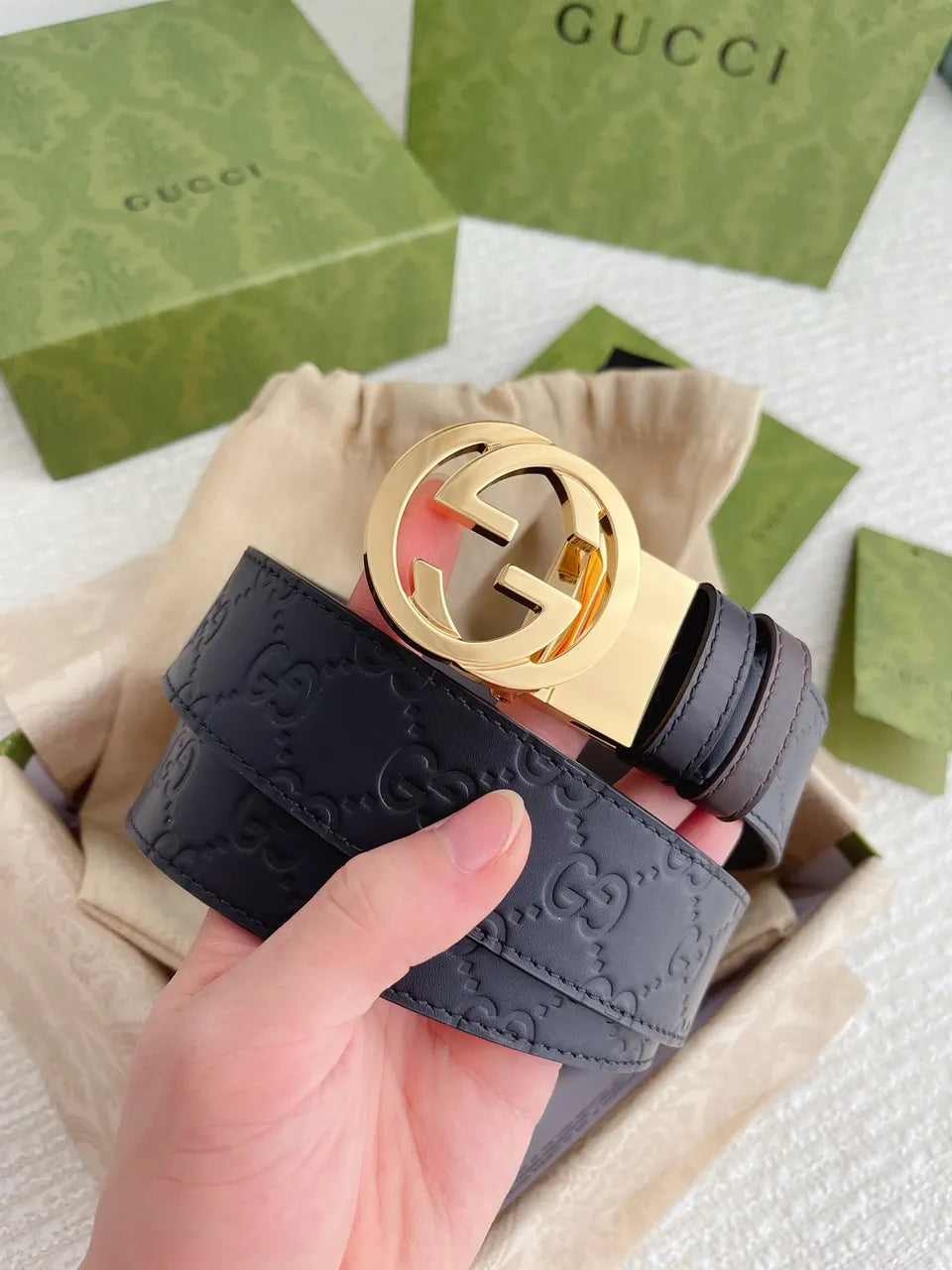 Gucci Navy GG Embossed Belt - Hình 9