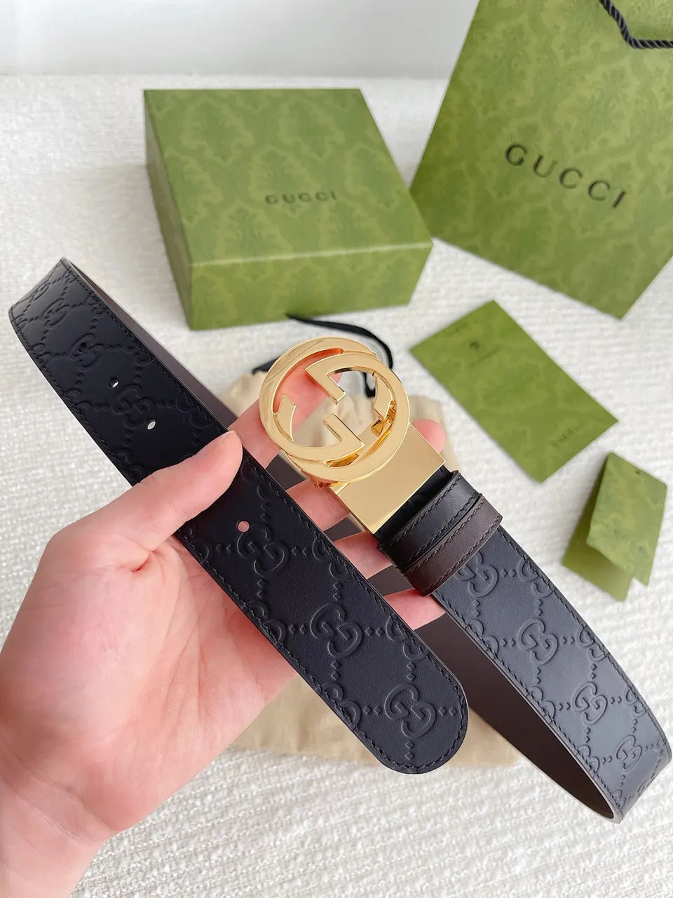 Gucci Navy GG Embossed Belt - Hình 6