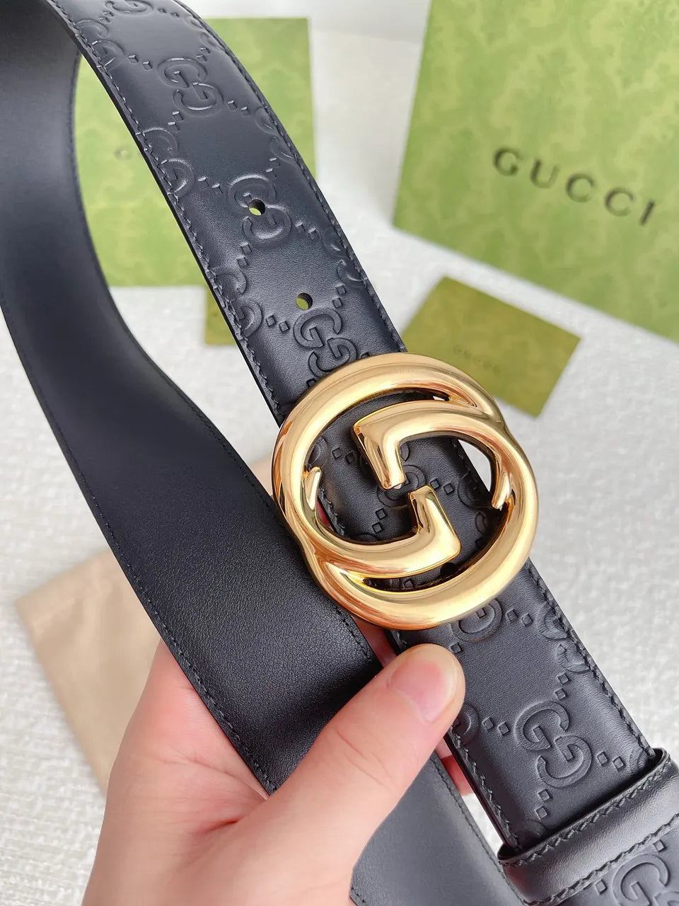 Gucci Black Leather Belt gg - Hình 2