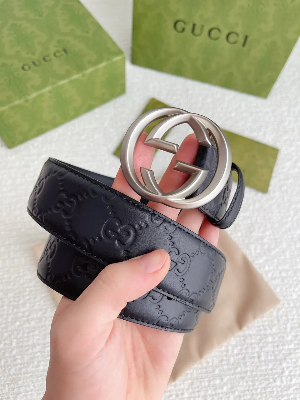 Gucci Black GG Embossed Leather Belt