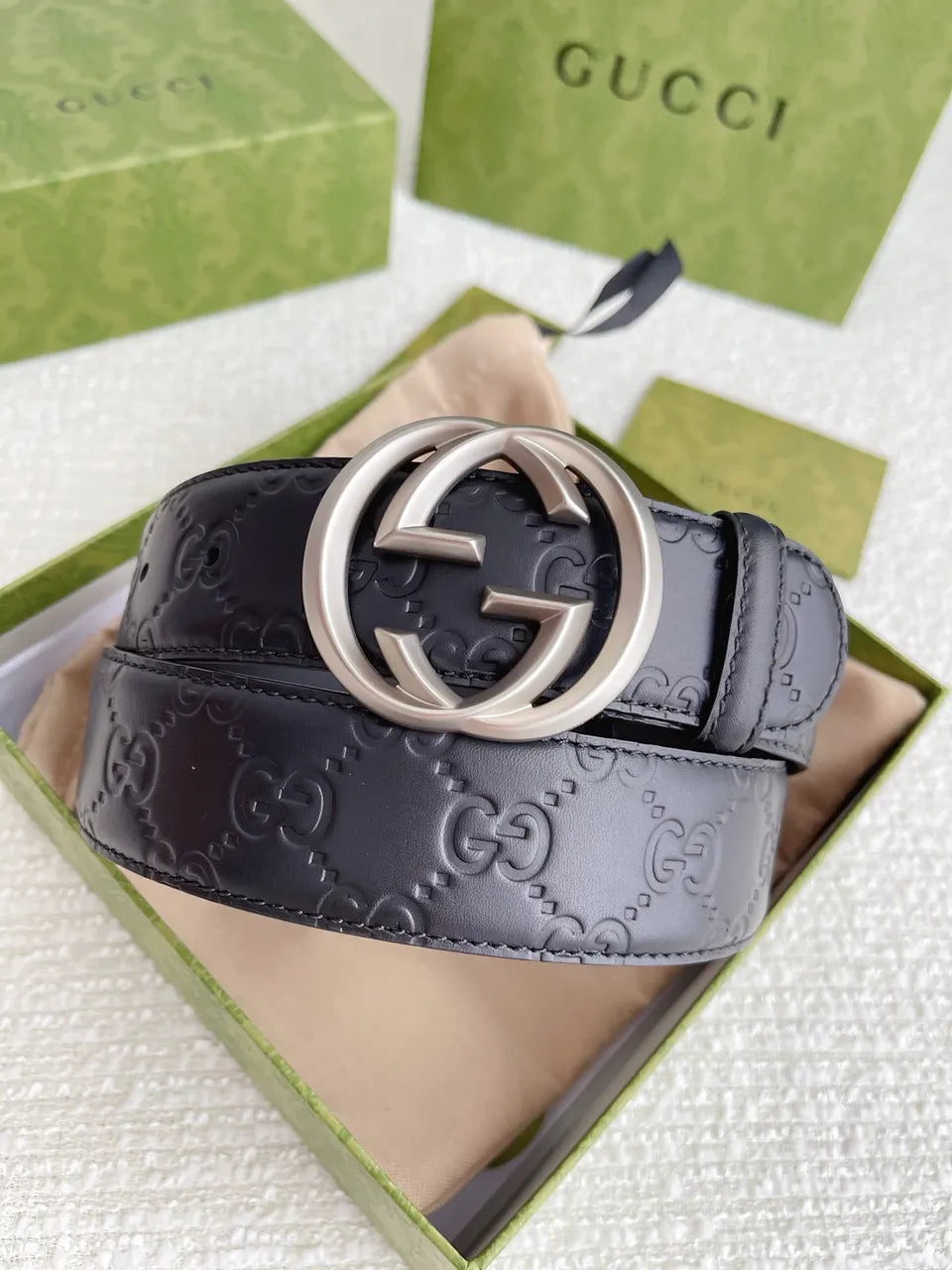Gucci Black GG Embossed Leather Belt - Hình 8