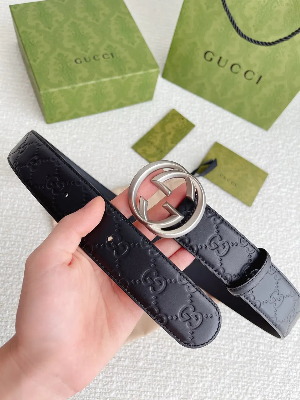 Gucci Black GG Embossed Leather Belt - Hình 5