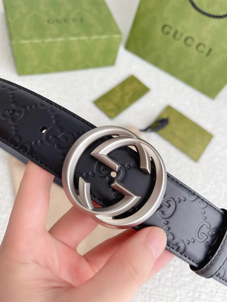 Gucci Black GG Embossed Leather Belt - Hình 6
