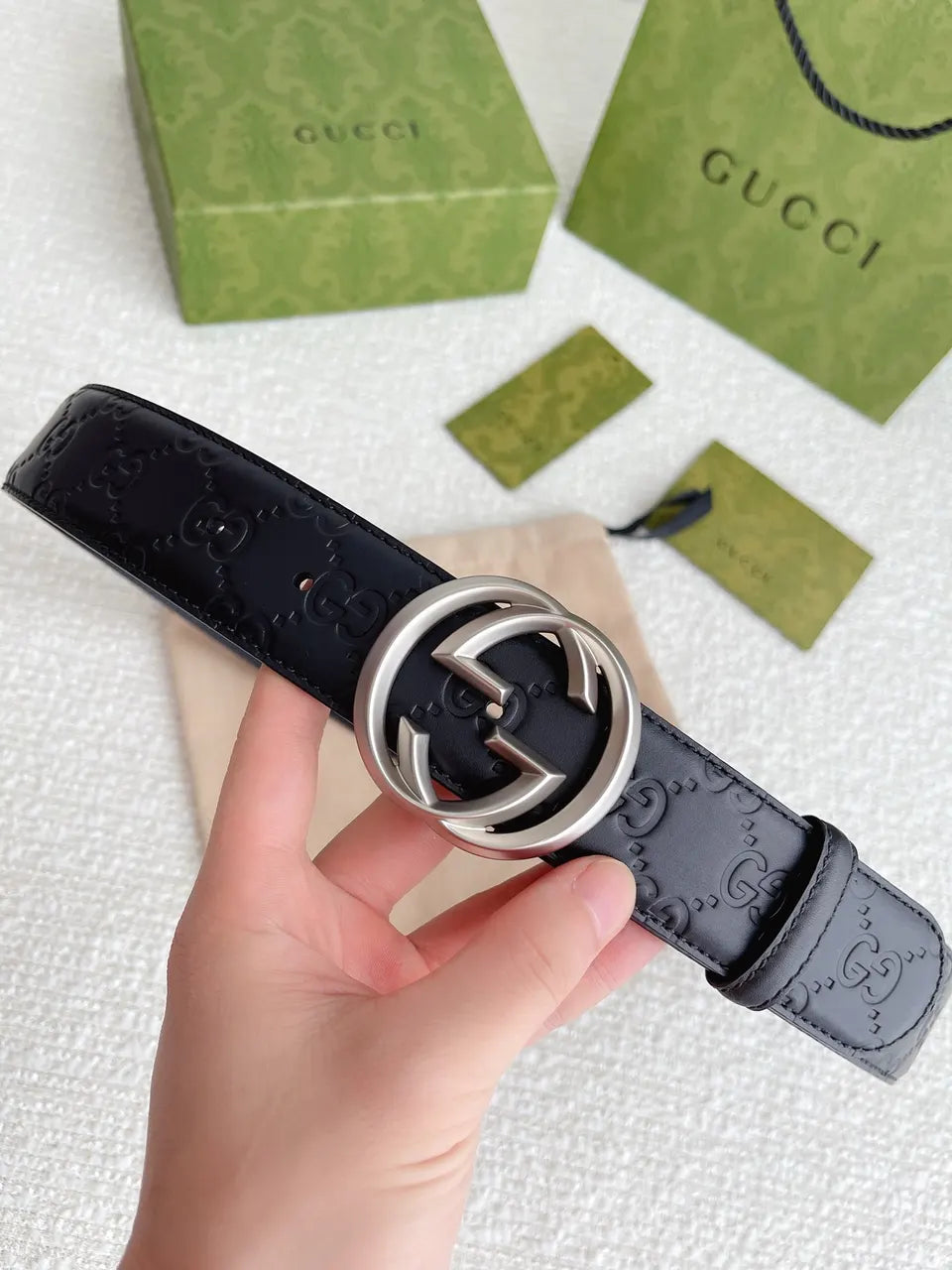 Gucci Black GG Embossed Leather Belt - Hình 7