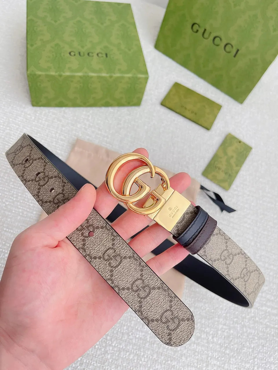Gucci Beige GG Belt Gold - Hình 6