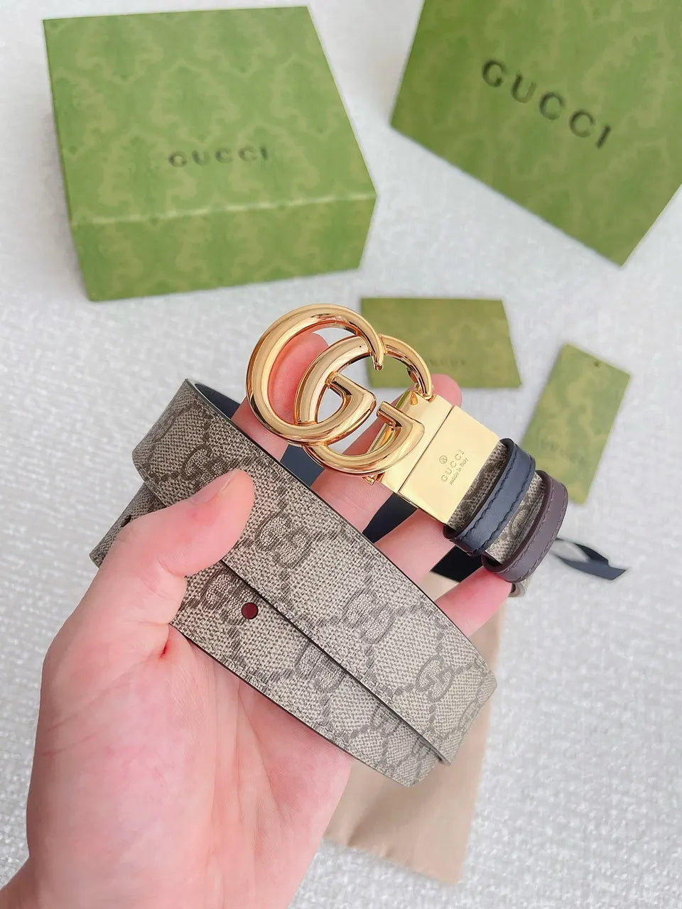 Gucci Beige GG Belt Gold