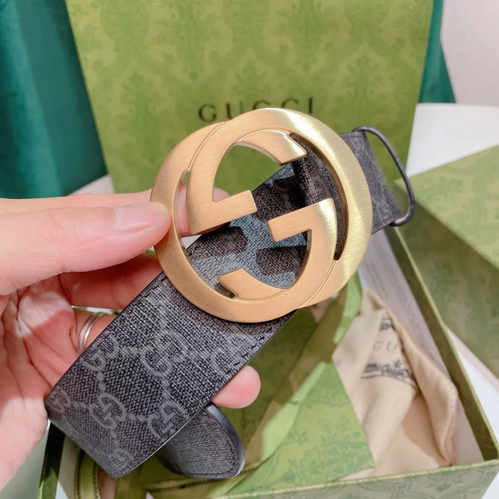 gold Gucci Gray Monogram Belt - Hình 8
