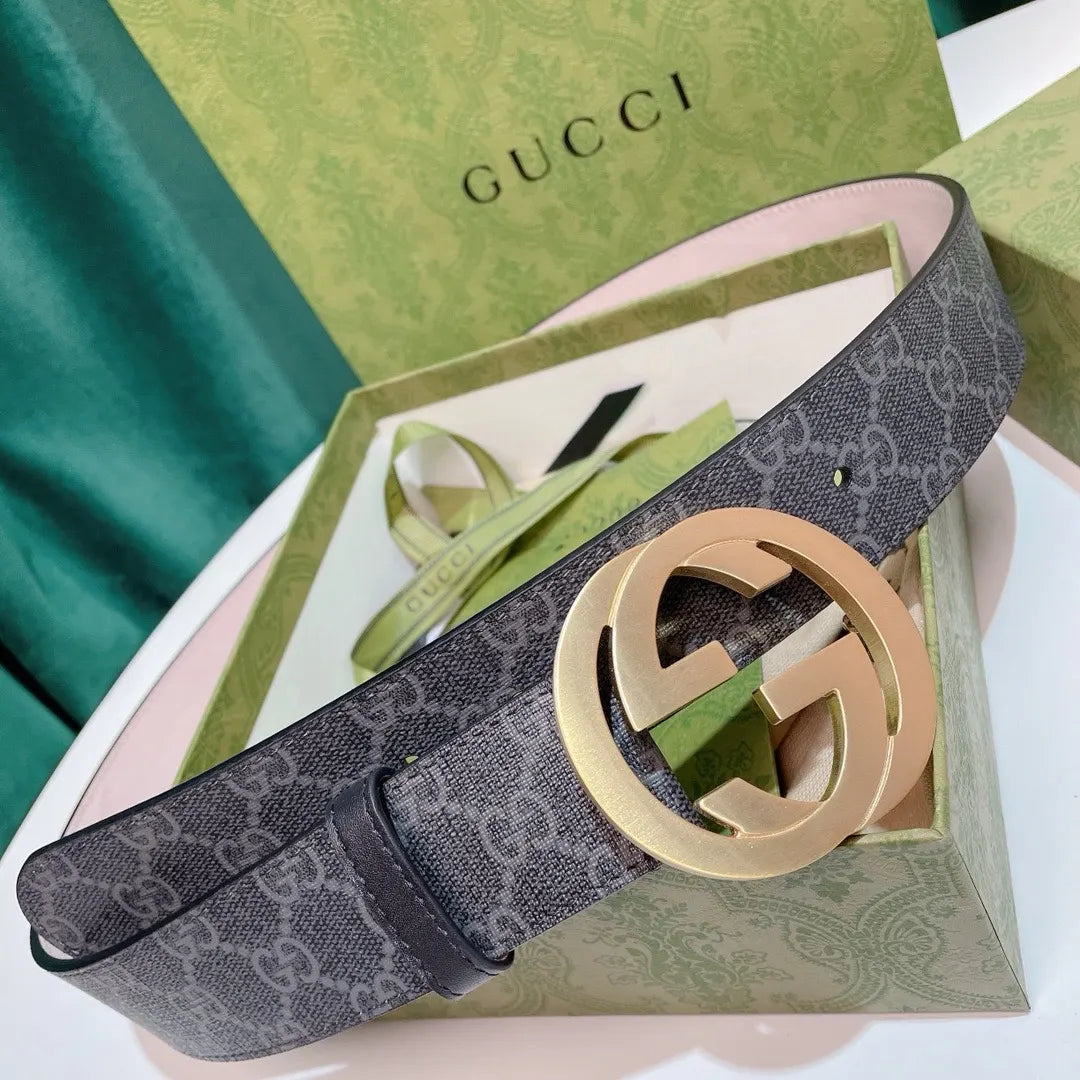 gold Gucci Gray Monogram Belt - Hình 6