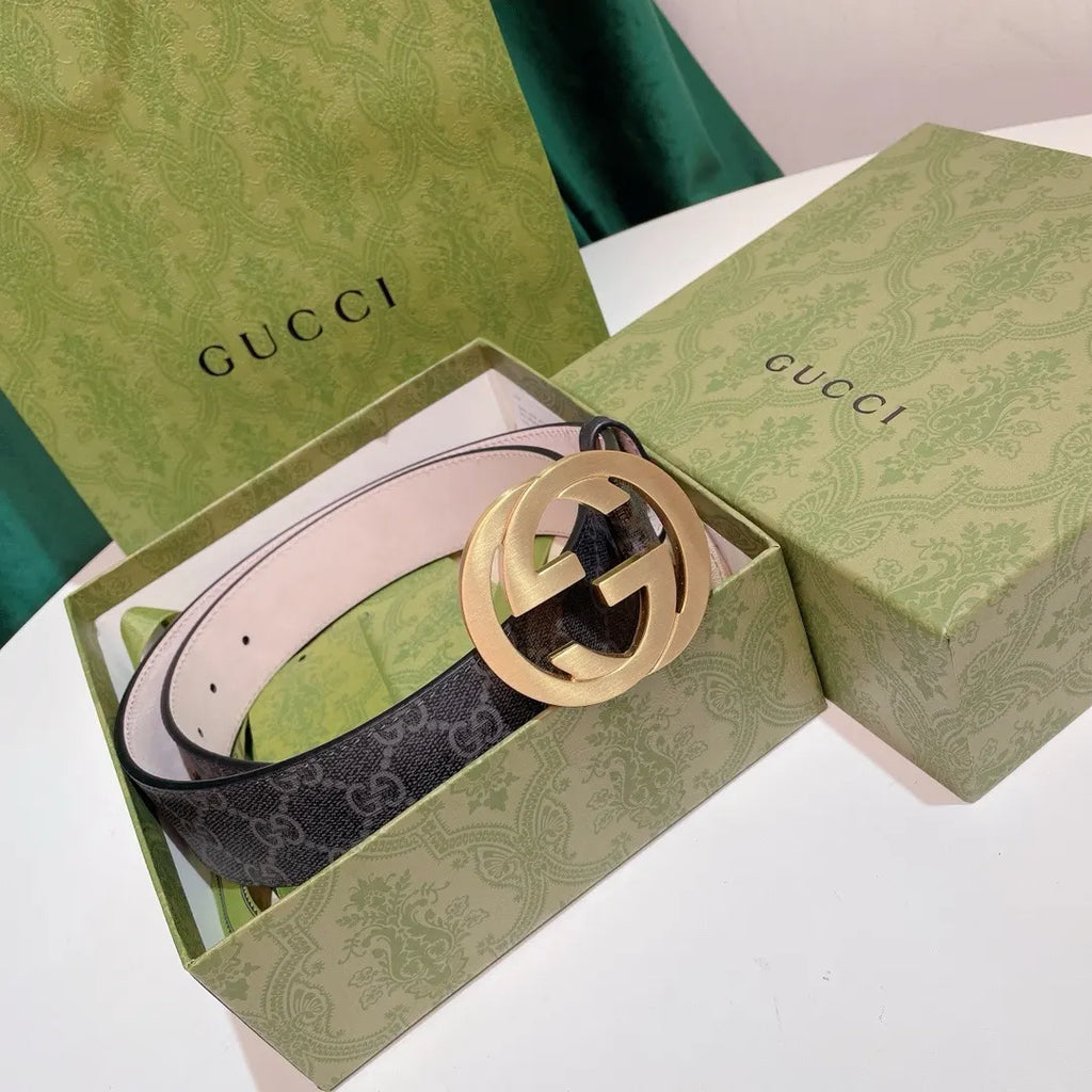gold Gucci Gray Monogram Belt - Hình 9